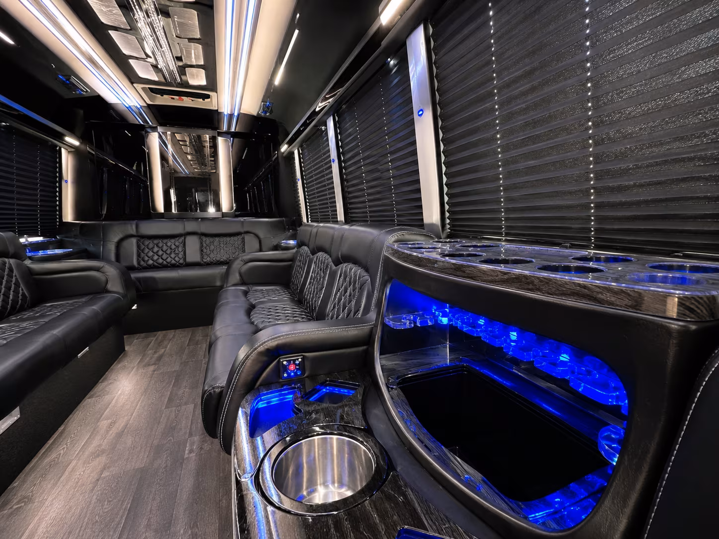 Interior of a party bus rental serving Lubbock